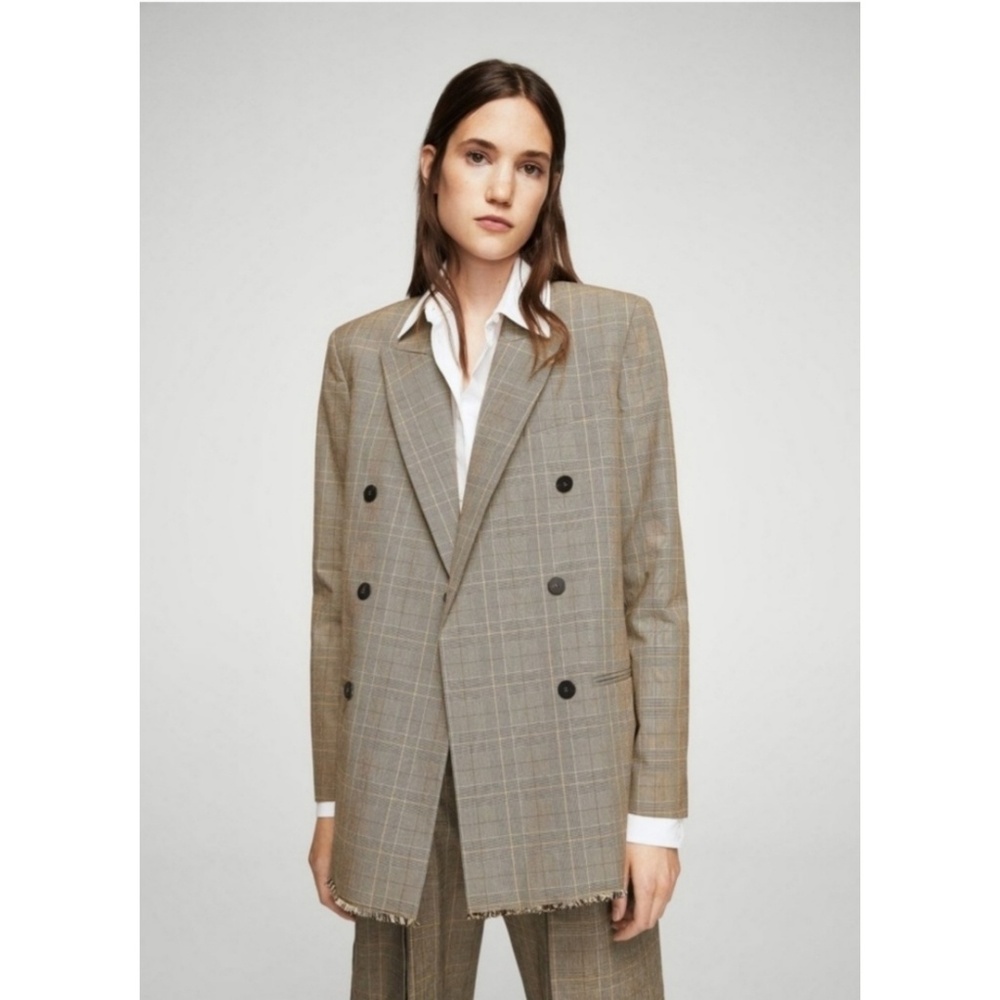 Mango Double-Breasted Plaid Blazer in Taupe with Subtle Orange Windowpane - Picture 2 of 8